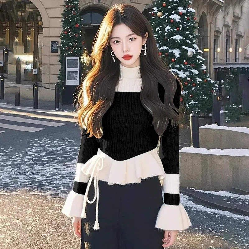2026 Spring Autumn New High-End Knitted Sweater Women Outer Wear Slim Stitching Super Good-Looking Slimming Gentle Sweater Tops