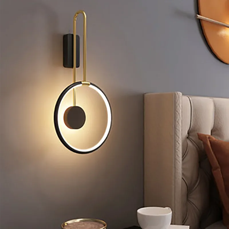 

European Modern Design Black Gold Ring Led Wall Lamp For Hallway Hotel Stairs Sconce Loft Decor Indoor Round Lighting Fixtures