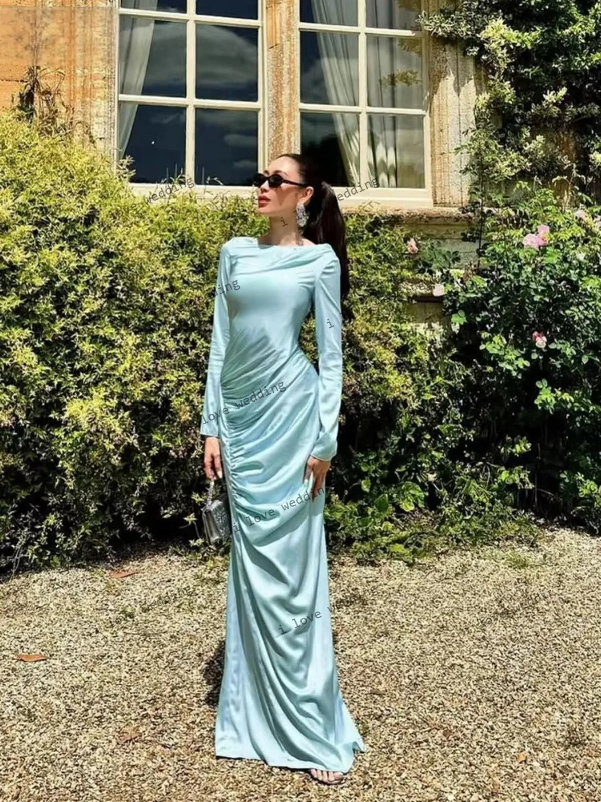 Vestidos de noite 2025 céu azul vestido de festa de casamento para mulher alta pescoço cetim manga longa ruched até o chão elegante personalizado