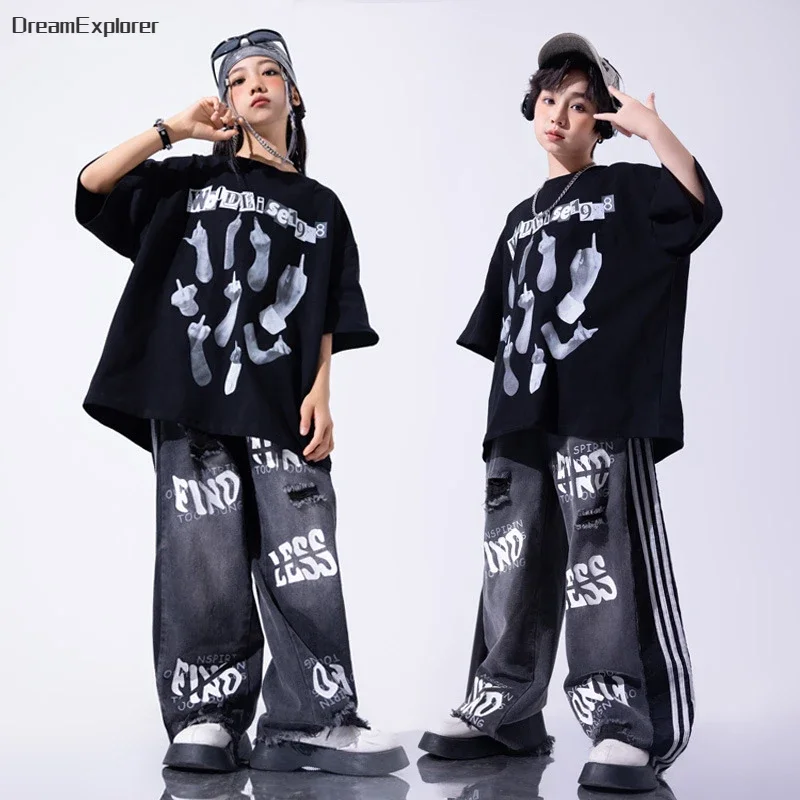 Boys Streetwear Street Dance Graffiti T-shirt Ripped Jeans Girls Hip Hop Shorts Clothes Sets Kids Jazz Denim Pants Teen Costumes