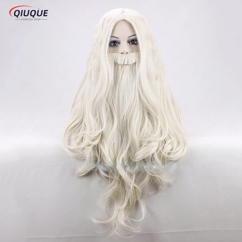 Anime Dumbledore Cosplay Wig Halloween Mens Gandalf Long Blond With Beard Heat Resistant Synthetic Hair Party Wigs + Wig Cap