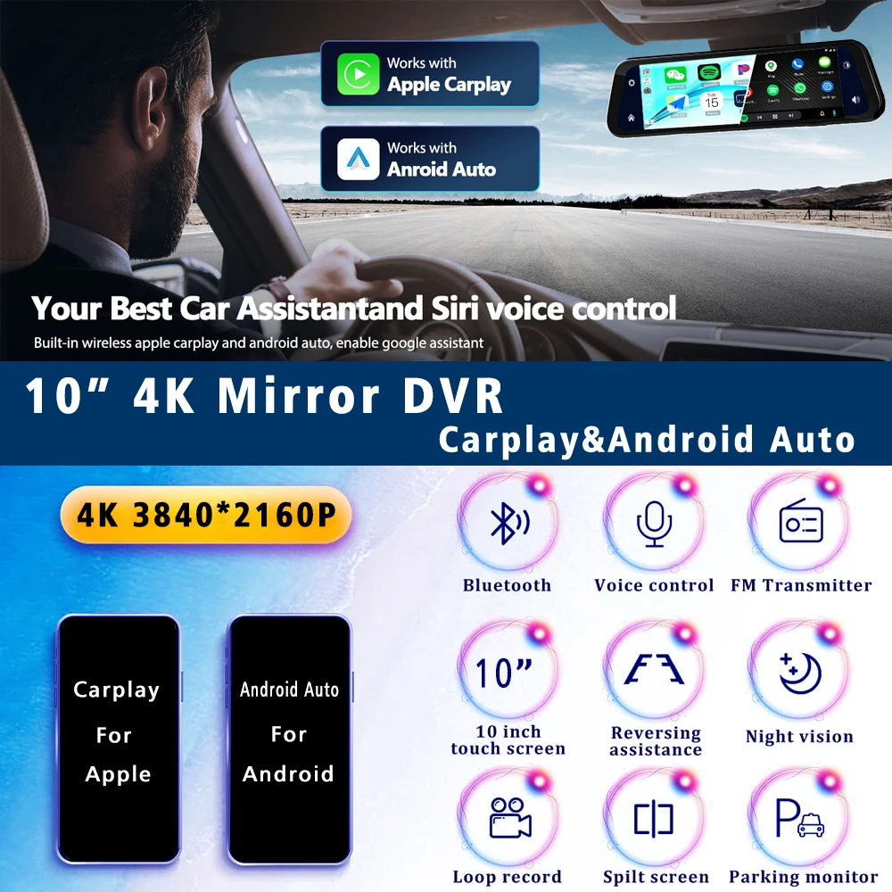 10” 4K Dash Cam Carplay Android-Auto Car DVR Dual Len 5G Wifi GPS Bluetooth FM Video Drive Recorder Stream Mirror Dashcam Camera