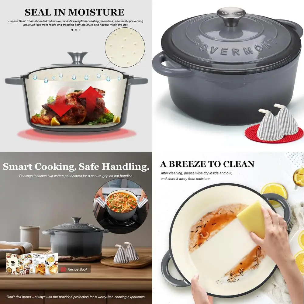 

7-Quart Enamel Cast Iron Dutch Oven with Lid and Cotton Potholders - Durable Cookware for Braising, Stews, Roasting, and Bread B