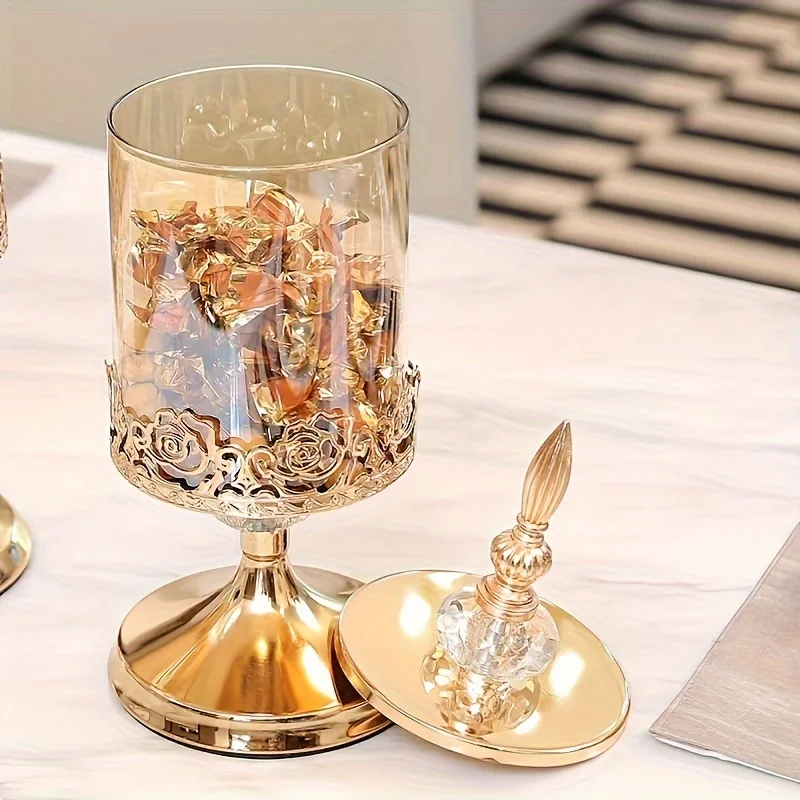 1pc Elegant Vintage European Candy Jar with Lid Transparent Metal Storage Container Living Room Storage Decoration Ornaments