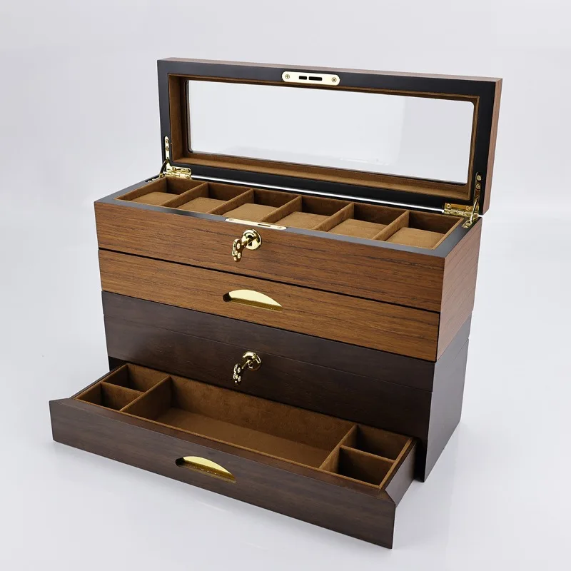Premium teak pattern double-layer jewelry storage box with lock multi-function 6-position black walnut spray paint box