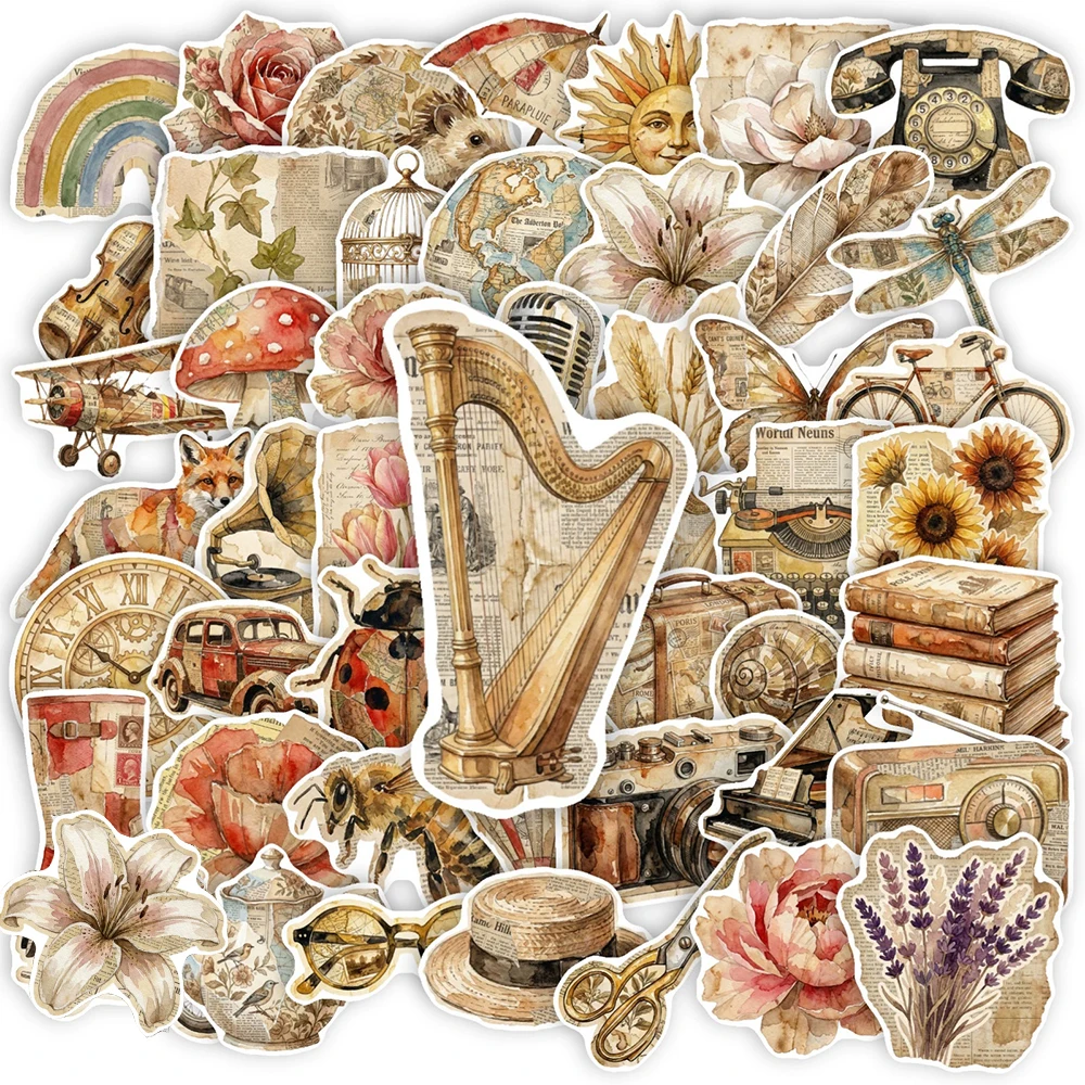 10/30/50pcs Vintage Object Plant Animal Stickers Cartoon Flower Butterfly Sticker DIY Suitcase Laptop Phone Graffiti Decals Pack