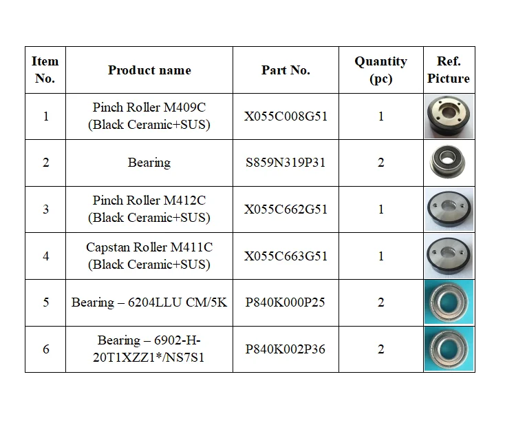 

Total 9PCS, X055C008G51 Roller, S859N319P31 Bearing, X055C662G51 Roller, X055C663G51 Roller, Bearing P840K000P25, P840K000P25