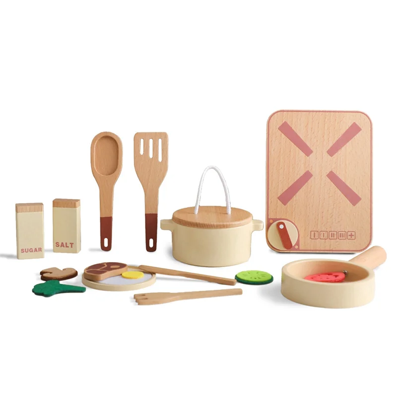 Hot-Montessori Set da cucina per bambini Set da cucina in legno Fai finta di cucina Set da cucina in legno