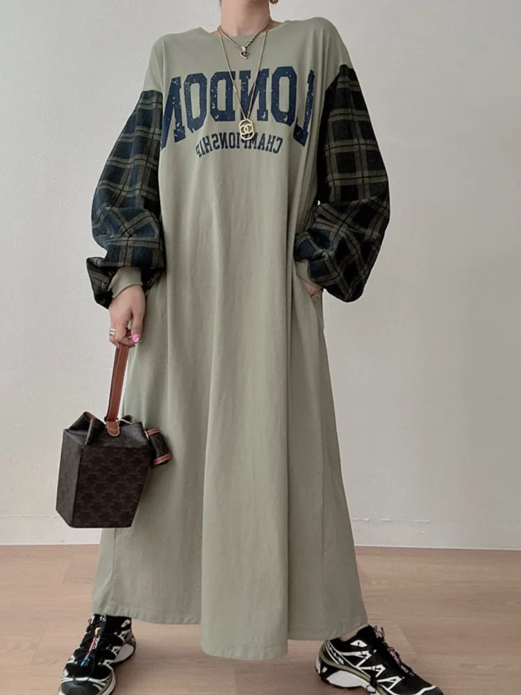 2023 Autumn Patchwork Letter Vintage Dress Women Korean Style Modis Ladies Dresses Casual Loose Long Dress