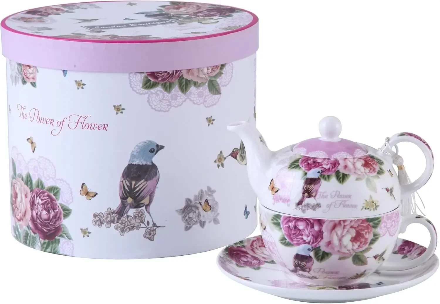 Tea for One Teapot Cup saucer Set Gift Box (Bird Rose Butterfly)