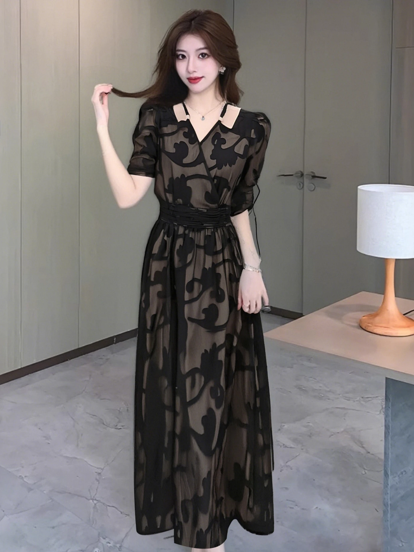 Burn-out flor preta renda dupla camada vestido oco halter gola quadrada manga bufante elegante festa vestido longo lindo feriado