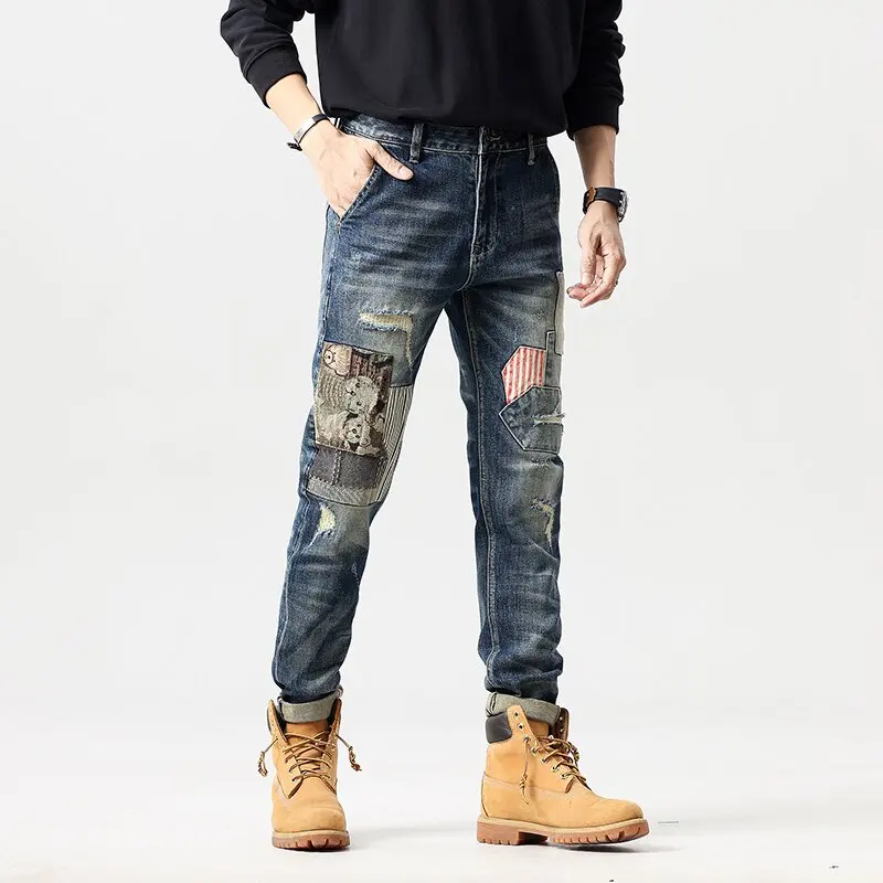 2024 Spring and Autumn New Fashion Trend Printed Ripped Jeans Men's Casual Relaxed Comfortable Stretch High Quality Denim Pants