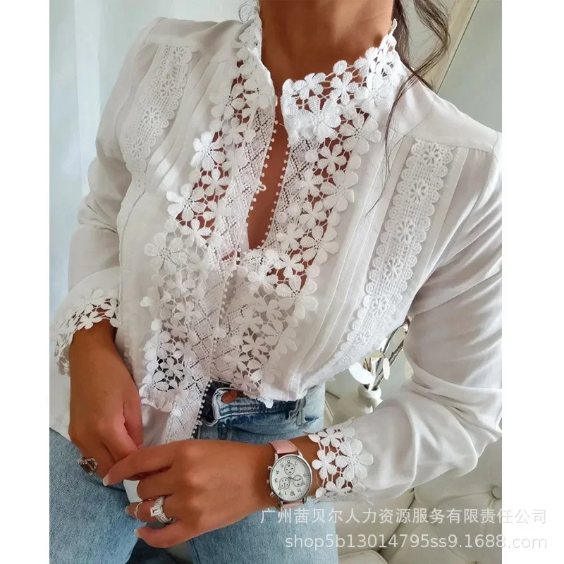 Mandylandy White Lace Shirt Tops Women Casual Floral Stitching Long-Sleeved Shirts Top Solid Color Elegants Summer Shirts Top