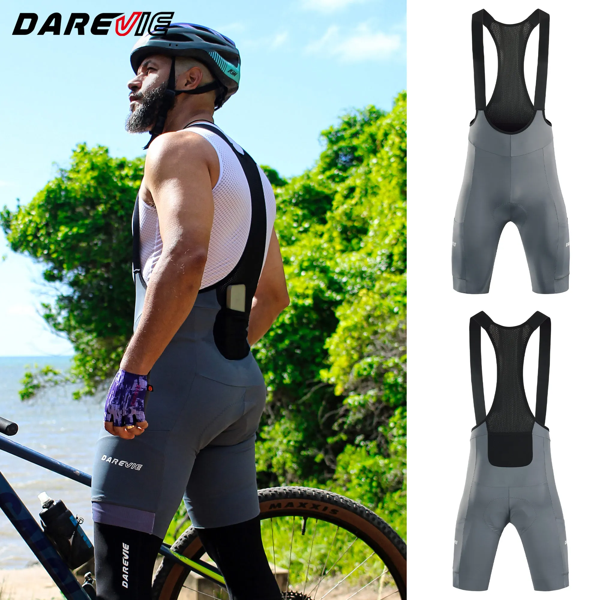 Image of DAREVIE Herren-Radlerhose mit 3 Taschen, Rutschfest, 4-Wege-Stretch, Schwammpolster, Schnelltrocknend, Weich, Gravel-Shorts für Damen und Herren