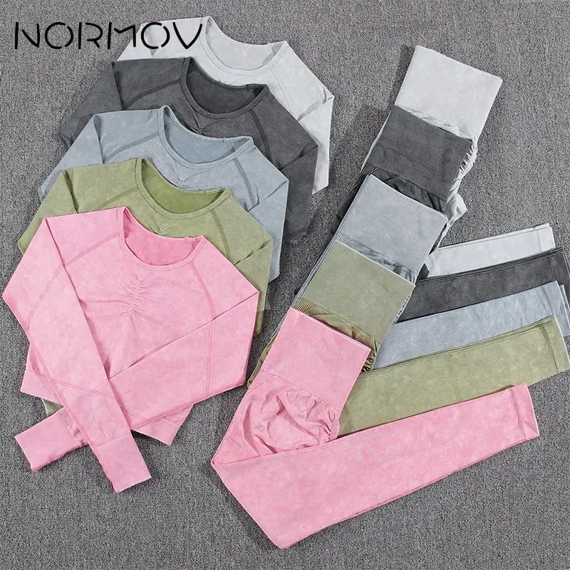 NORMOV Wash Yoga Sets Women Seamless Sports Set High Waist Gym Leggings Sportwear Push Up Fenale Workout Sets Fitness Suit