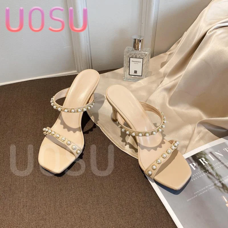 

Designer Women Sandals Luxury Pearl Slip On Toe Leakage 7.5cm Fine Heeled Shoes Measuring Hollow Calfskin Dress Ladies Shoes