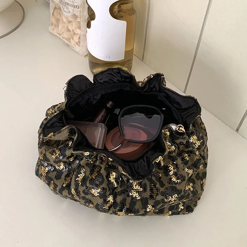 Vintage Golden Sequin Leopard Print Cosmetic Bag Ruffle Pearl Zipper Makeup Pouch Large Travel Toiletry Storage Bag For Women