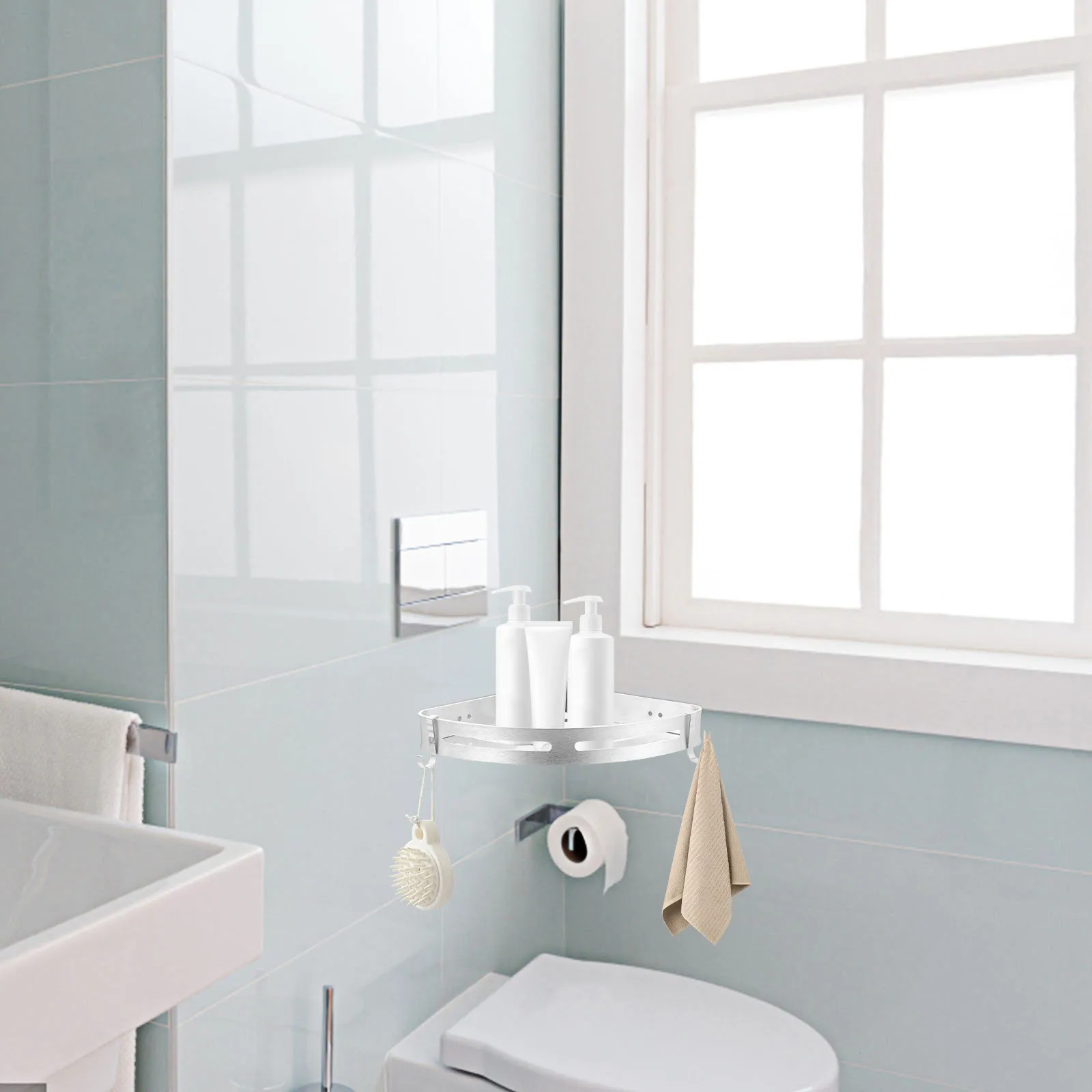 Punch-Free Triangle Wall-Mounted Storage Rack Silver Space Aluminum Bathroom Kitchen Shelf for Shampoo Soap Towels Organizing