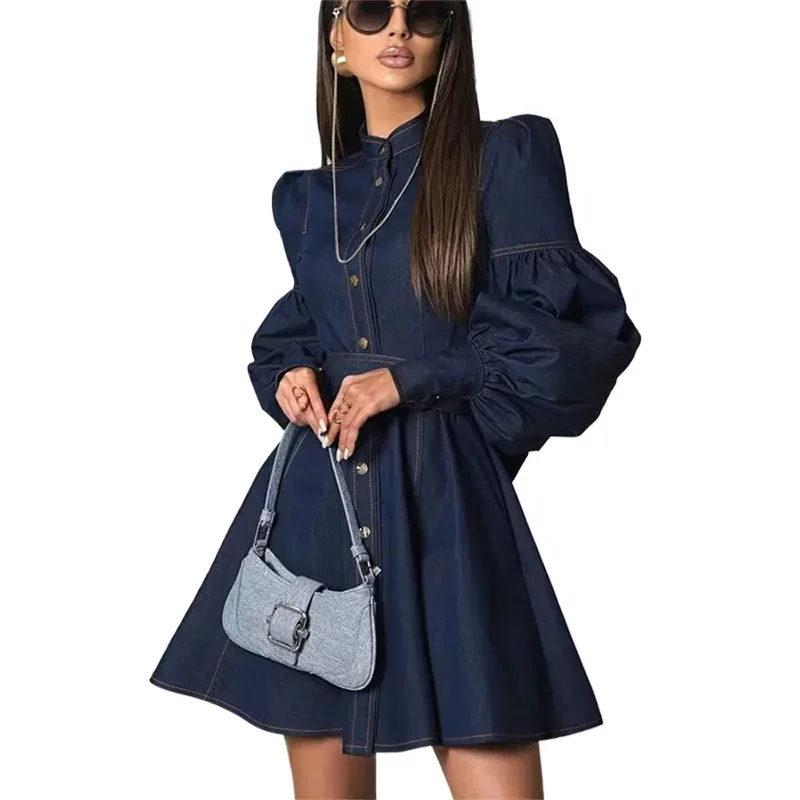 

Elegant Lace-Up Blue Denim Mini Dress For Women High Waist Bandage Splice Jean Streetwear Female Slim Casual Dress Autumn