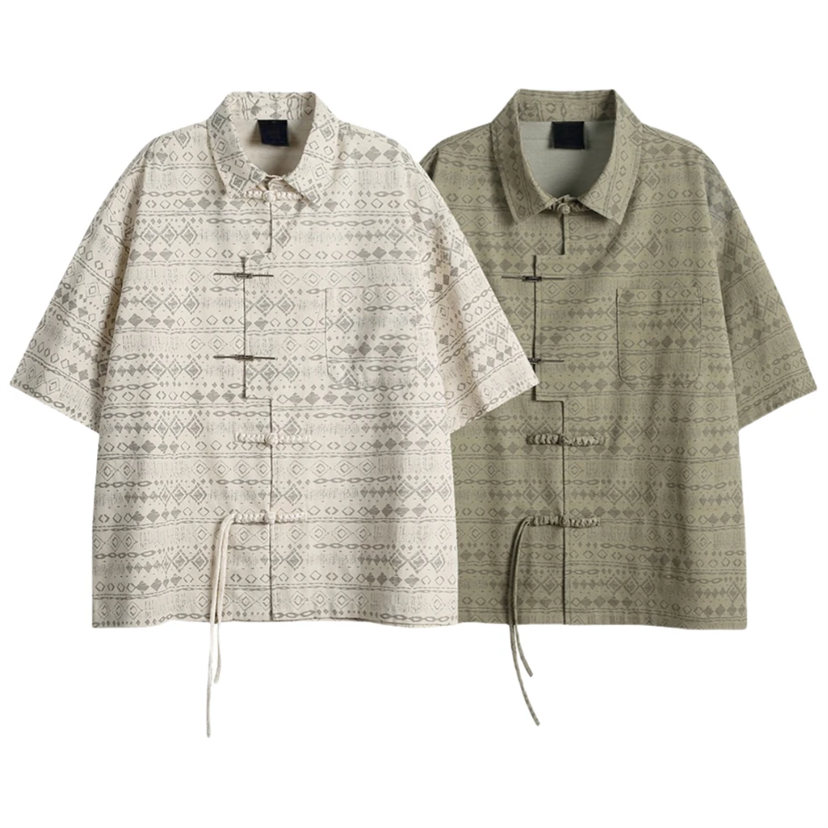 

Summer Short Sleeve Shirts Men Streetwear Vintage Argyle Print Casual Shirt Oversized Harajuku Chinese Style Beige Blouse Unisex