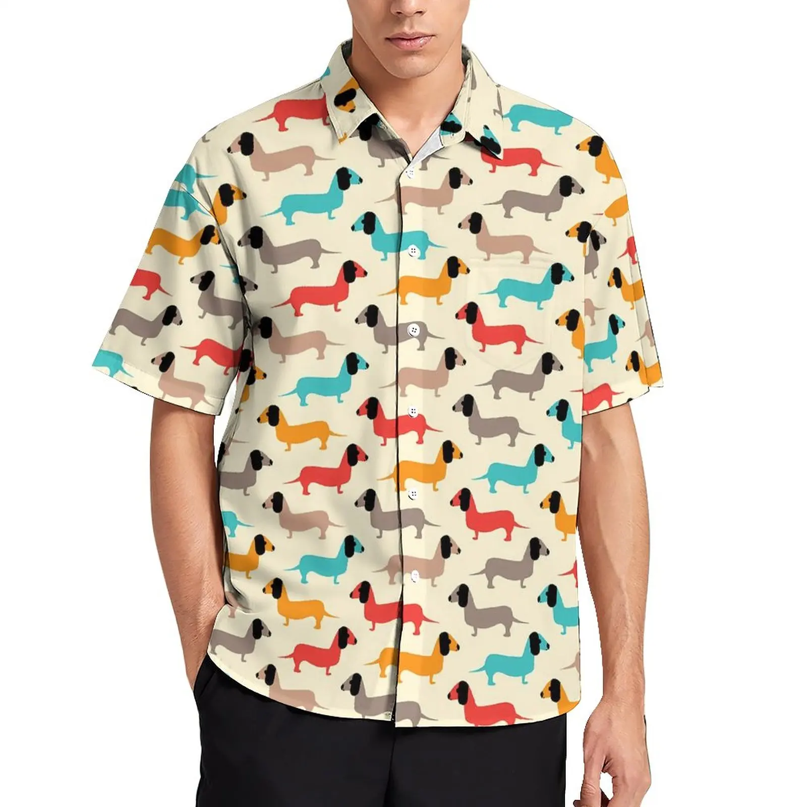 Dog Print Loose Male Beach Casual Luxury Social Shirts Hawaiian Custom Short-Sleeved Harajuku Oversize Fashion Vintage Blouses