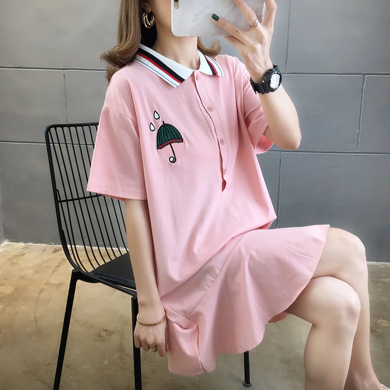 2024 6535 Cotton Summer Wear Umbrella Embroidery T Shirts Women Mid-length Tops Turndown Collar Short Sleeve Model Tees New Tide