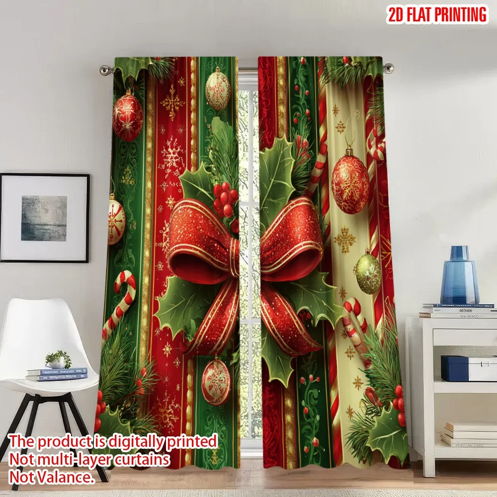 

2pcs 2D flat printing Happy Christmas Scene Curtains Christmas Holly Berry Ribbon Digital Printed Polyester Drapes Festive Wall