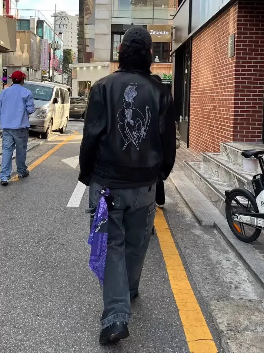 ER/D Splash Ink Mysterious Man Embroidered Lambskin Short Jacket, American Retro Gothic Unisex Biker Genuine Leather Coat