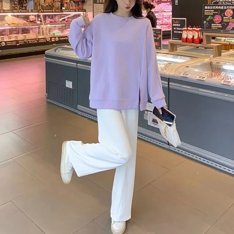2023 New Spring and Autumn Korean Edition Fashion Simple Round Neck Loose Casual Small Split Slouchy Versatile Women's Sweater