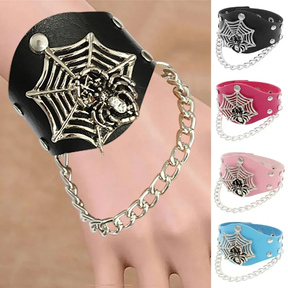Punk Individuality Domineering Exaggerate Retro Gothic Rock and roll Leather Spider web Chain Alternative PU leather Bracelet