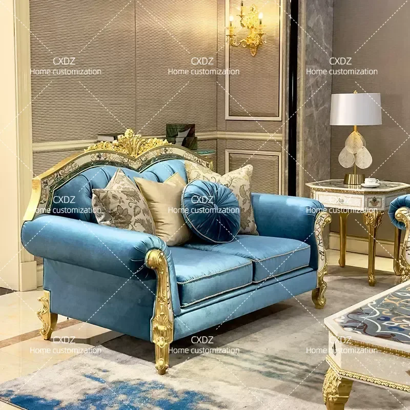 Luxury Fabric Sofa with Solid Wood Carved Flower Shell Design Large Living Room Furniture Set for Villa and Apartment