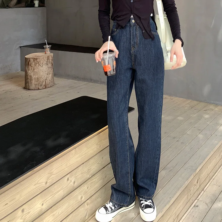 Rolled Hem Straight Leg Jeans High Waist Wide Leg Pants Denim Trousers