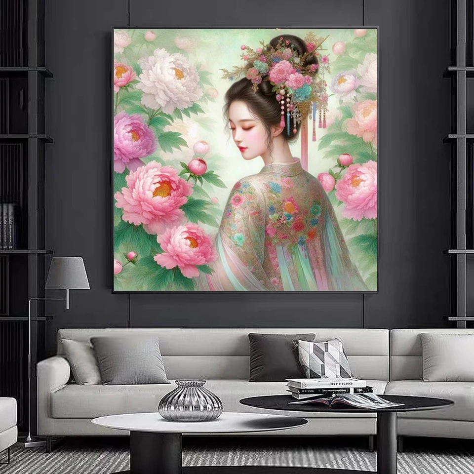 Chinês Peônia Flor Pintura Diamante, Mulher Antiga, Mosaico Completo De Strass, Ponto Cruz Bordado, Decoração de Casa, Novo, 2024