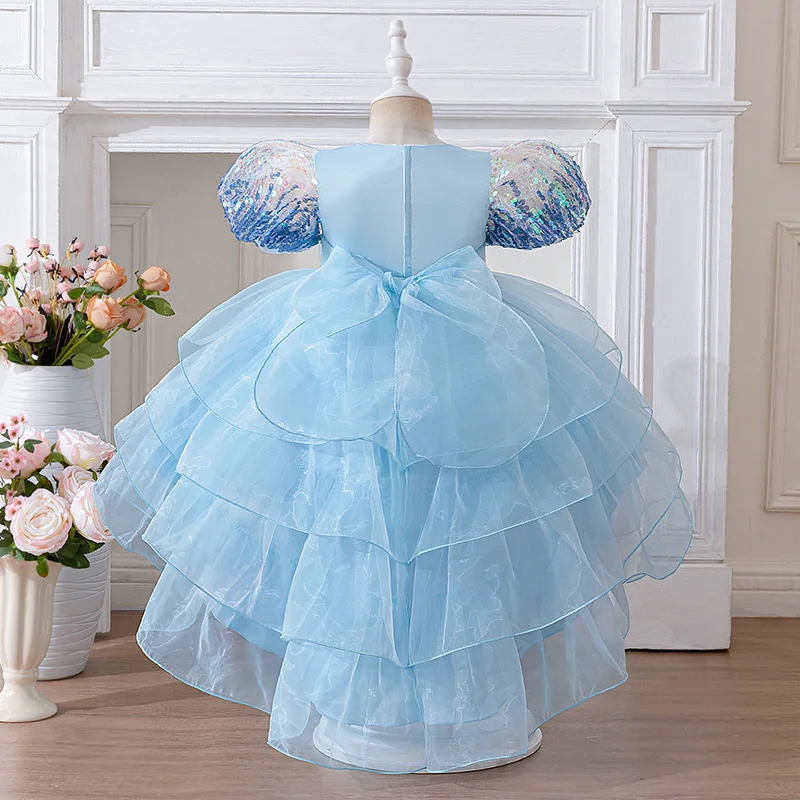 Summer New Girls' Dress with Bubble Sleeves and Sequins Princess Dress Multi-Layer Cake Wedding Dress Trailing Skirt