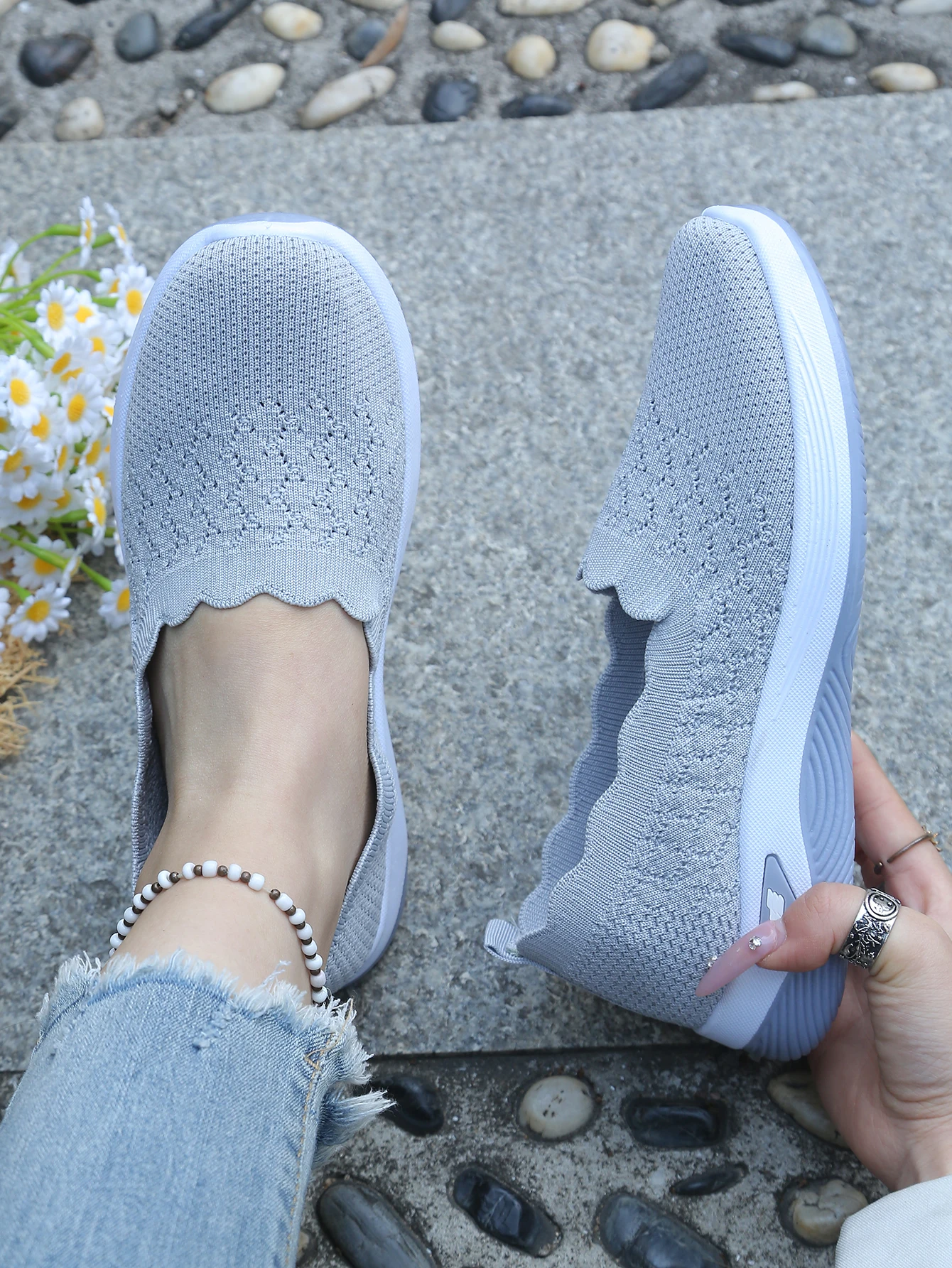 Damen-Slip-On-Freizeitsneaker aus Strick, atmungsaktive, leichte Komfort-Wanderschuhe mit Muschelbesatz, kostenloser Versand – Detail 13