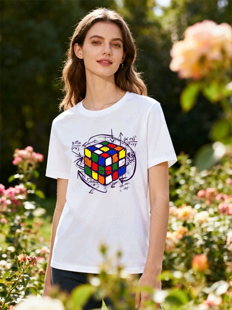 Brain Burning Enthusiasts Are Ecstatic Melting Cube+Mathematical Formula Short Sleeved Cotton T-shirt Suitable for Men and Women