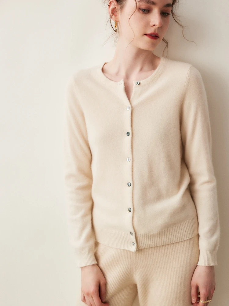 Long Sleeve Solid Cardigan  New Fashion Women Sweater 100% Pure Cashmere Tops O-Neck Jerseys Spring Autumn Winter Knitwear