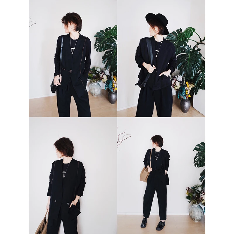 

Костюм из смесового хлопка и льна: удлиненный пиджак с V-образным вырезом, брюки из шелковой ткани, зауженный крой, на одной пуговице, для повседневной носки