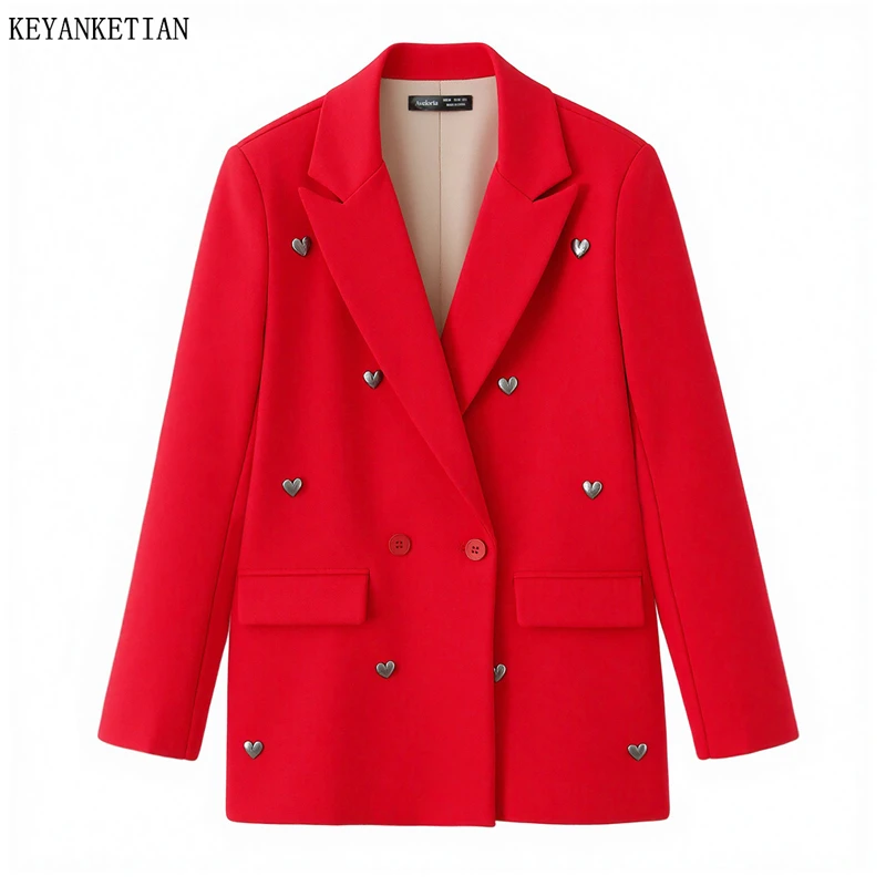 

KEYANKETIAN 2026 New Women's Red Blazer Double Breasted Heart Buttons Back Slit Casual Office Lady Suit Jacket Chic Outerwear