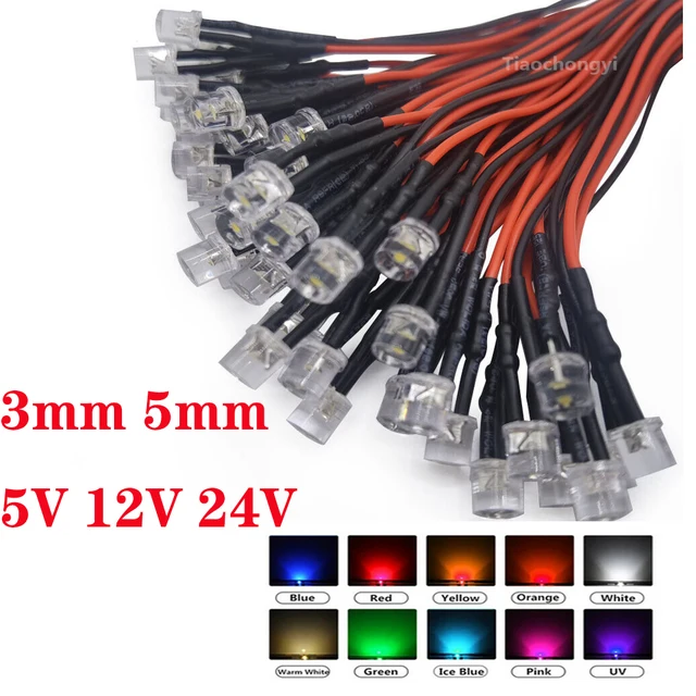 20 sztuk 3mm/5mm 5V 12V 24V LED czerwony RGB wstępnie okablowane woda przezroczyste płaskie diody elektroluminescencyjne LED