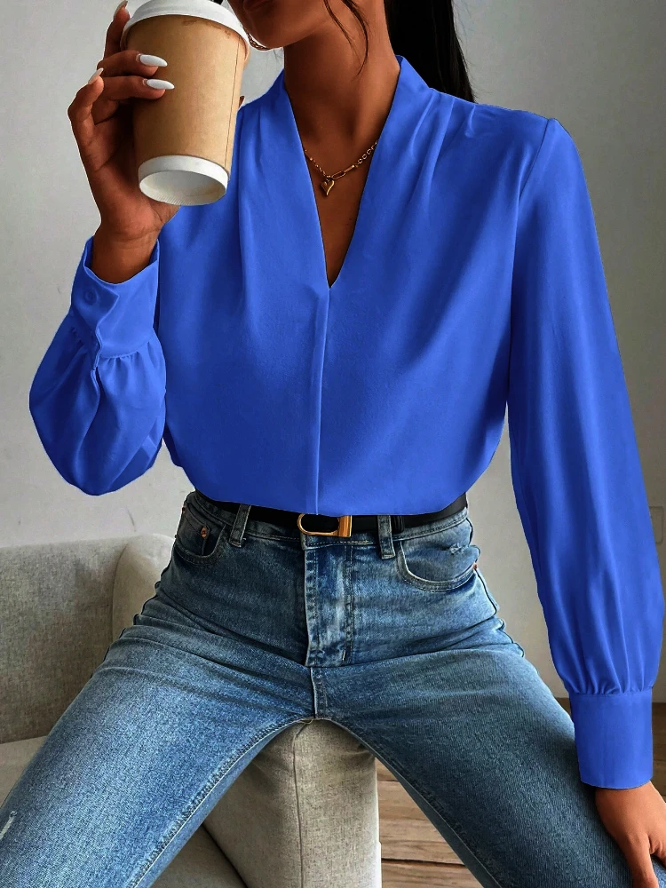 Sexy decote em v manga longa blusas e camisas senhora do escritório outono inverno moda elegante blusa para mulher 2024 feminino preto topos