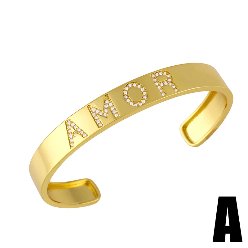 FLOLA Gold Plated Amor MaMa Cuff Bangles Bracelets For Women White Stone Bangle Cubic Zirconia Luxury Jewelry Gifts brtc85