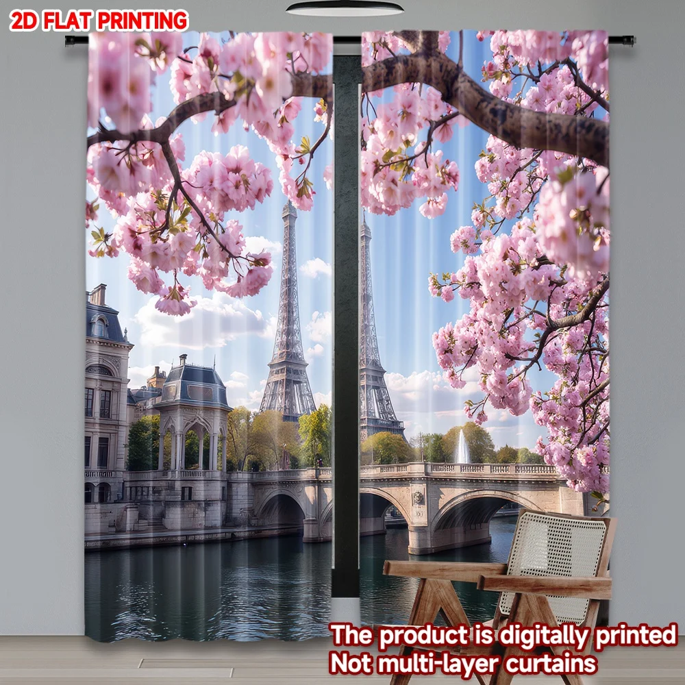 

2D flat printing 2pcs Drapes Springtime in Paris Blossoms Digital Printed Polyester Drapes Festive Wall Decor Use for Holiday
