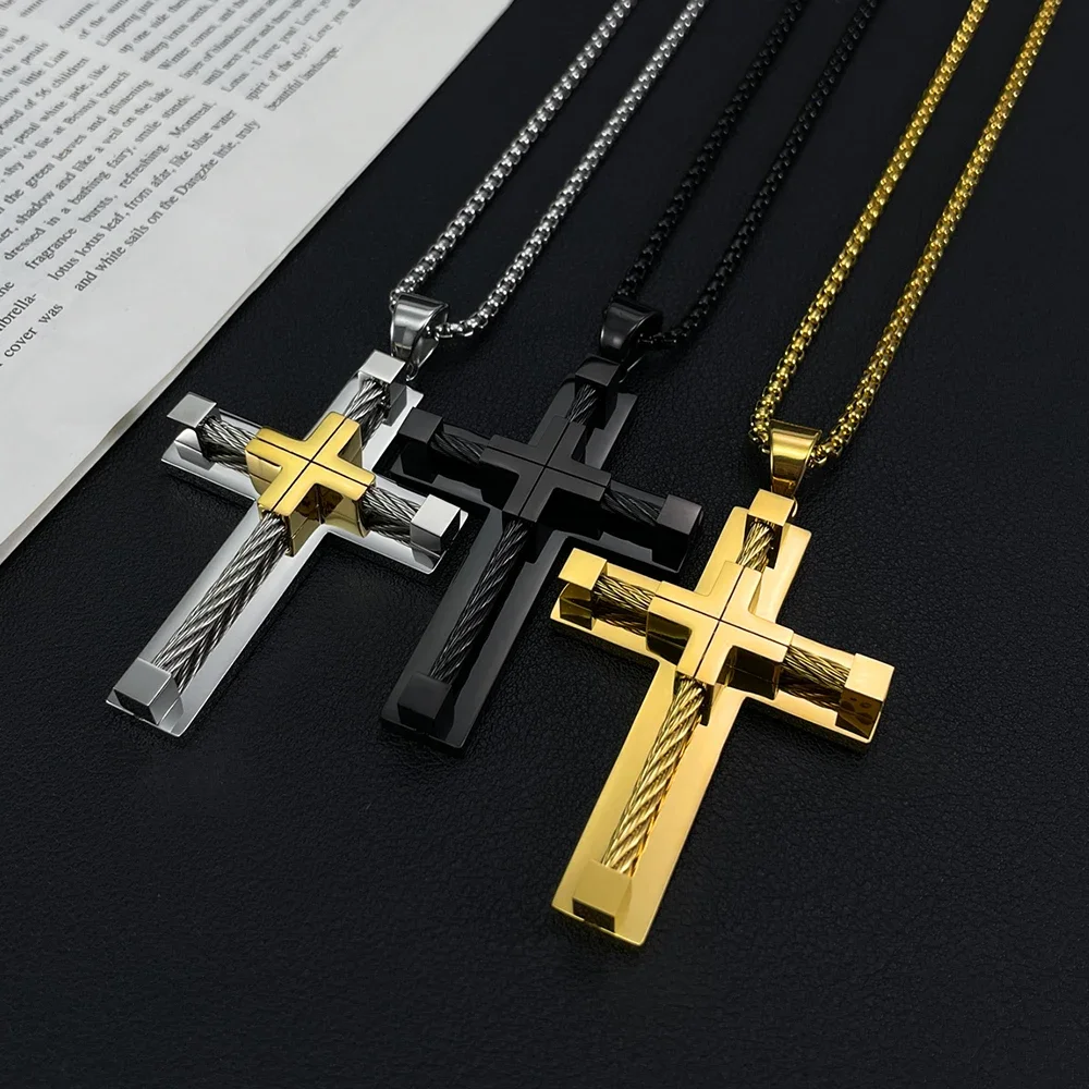 JHSL Male Men Big Cross Pendants Christian Necklace Fashion Jewelry Chain Black Silver Gold Color Stainless Steel New 2024