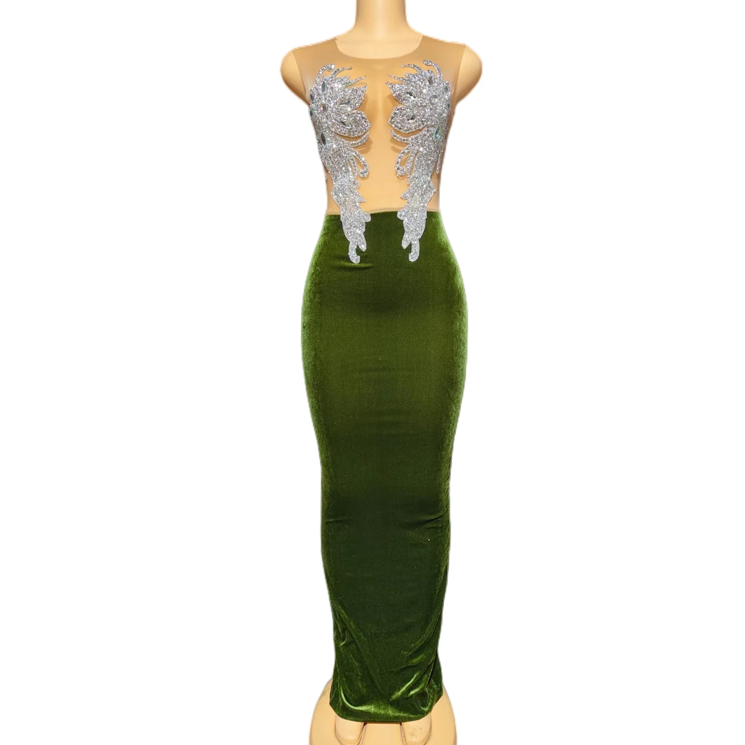 

Sexy Dresses for Women Night Rhinestone Sleeveless Long Dress Green Outfit Sexy Wear Party Dresses Women Evening Costume