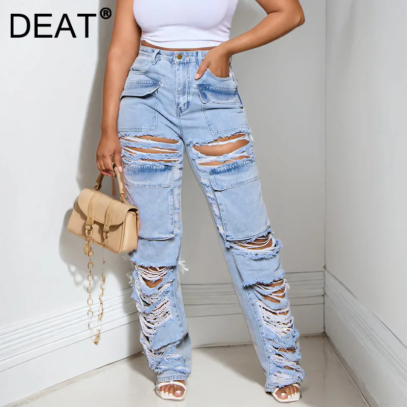 DEAT 2024 Winter New Items Fashion Casual Broken Hole Denim Long Pants For Women Loose High Waist Jeans Female Trendy 33A2302