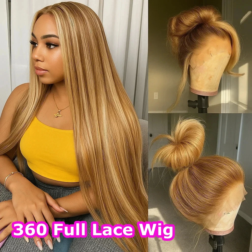 

P4/27 Honey Blonde 360 Full Lace Frontal Wig Bone Straight Lace Front Wigs Highlight Glueless Wig Remy Human Hair Pre Plucked
