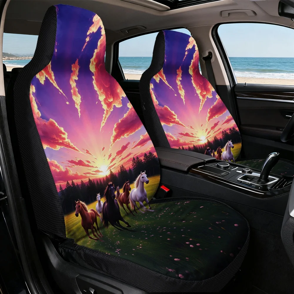 2D Flat Printing, 2pcs Horses Running At Sunset Pattern Car Seat Covers, Universal Vehicle Seat Covers, Soft Comfort, Easy Insta
