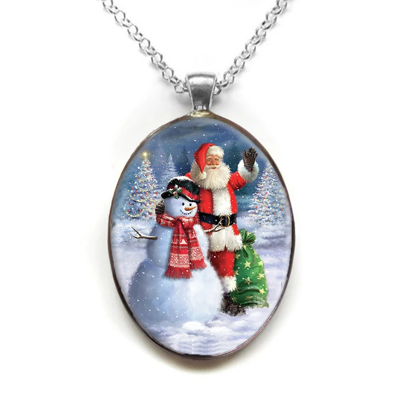 Fashion and Creative Women\'s Pendant Necklace Trend Beautiful Christmas Santa Claus Oval Pendant Necklace Jewelry Party Gift