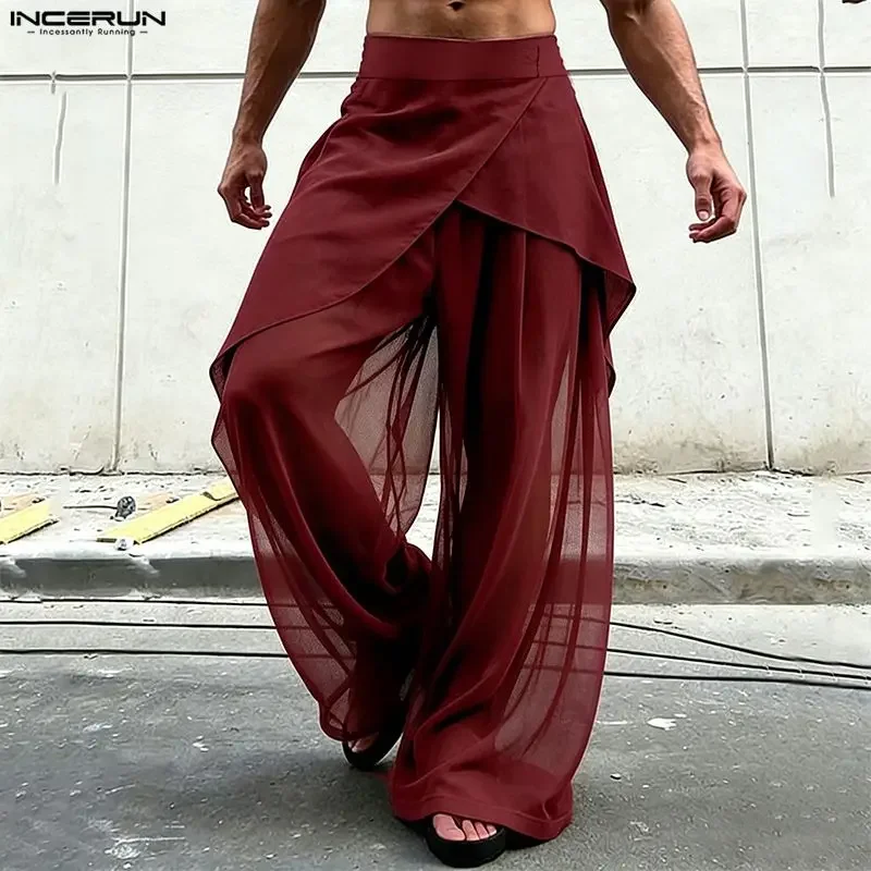 INCERUN Herrenhose Mesh Patchwork Weite Beinhose für Männer Streetwear Locker Durchsichtig 2026 Mode Unregelmäßige Hose Pantalones